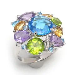 マルチカラーストーンリング 約13号 K18WG・トパーズ・色石 ゴージャス