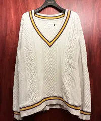 MADE IN JAPAN製 CAL O LINE ケーブルニット コットンVネックセーター オフホワイト Mサイズ