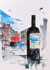 原画#372 黒猫 猫 ワイン ベネチア イタリア 水彩画 ドローイング