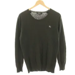 バーバリーブラックレーベル BURBERRY BLACK LABEL ニットカットソー 2 焦げ茶 ダークブラウン 長袖 ロゴ刺繍 カシミヤ混 チェック切替 /HN