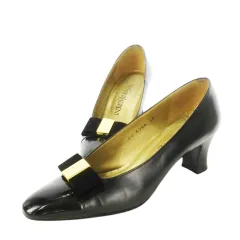イヴサンローラン YVES SAINT LAURENT パンプス ハイヒール スクエアトゥ レザー 革 切替 エナメル ロゴ刻印 ベロアリボン 36 23.0cm 黒 ブラック /CK11 ■GY11