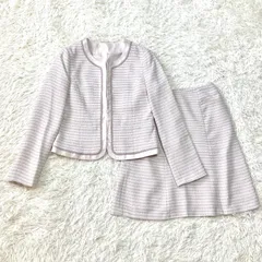 WHITE JOOLA ラメツイード生地のセレモニースーツ ママスーツ ノーカラージャケットと膝丈スカート ベージュ系 Lサイズ相当