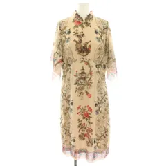 アナスイ ANNA SUI ワンピース 4 ベージュ オリエンタル柄 総柄 スタンドカラー 半袖 ひざ丈 /HN