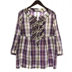 クレージュ courreges シャツ ブラウス 絹 シルク 長袖 ノーカラー フリル チェック柄 Vネック 比翼ボタン 40 紫 パープル 白 ホワイト /XZ ■GY58