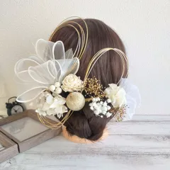 髪飾り＊成人式 卒業式 結婚式 ウェディング 振袖 袴 和装 前撮り~ボリュームリボン ダリア アップヘア シニヨン~ホワイト 白 20本