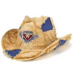 カウボーイハット レディース メンズ ハット テンガロンハット ダメージ加工 ストロー 天然素材 デニムパッチ 日よけ 夏の帽子 アメカジ ナチュラル 【TB】