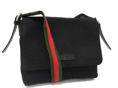 美品 GUCCI グッチ ショルダーバッグ シェリーライン メッセンジャーバッグ 337074 ブラック テクノキャンバス レザー メンズ クロスボディバッグ