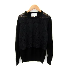 カオン Kaon ニット カットソー 長袖 クルーネック レース 切替 1 黒 ブラック /SY40