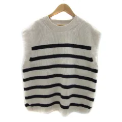 ザラ ZARA ニットベスト セーター ミドル丈 ラウンドネック ボーダー柄 L ライトベージュ 紺 ネイビー /YS2