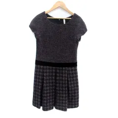 アンタイトル UNTITLED ワンピース ラウンドネック 半袖 ひざ丈 千鳥格子柄 ベロア 1 S マルチカラー ボルドー /HO56