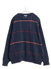 【お得なクーポン配布中!】 90s ランズエンド チェック デザイン ニット セーター メンズ XL / オールド コットン クルーネック リブ編み ミドルゲージ 大きいサイズ