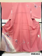【着物】訪問着　袷　正絹　しつけ糸あり　作家物　桃色　花柄　着物　和装　OME453