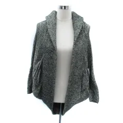 ザラ ZARA ニットカーディガン ミドル丈 前開き ショールカラー フード付き S 黒 ブラック アイボリー /SM27