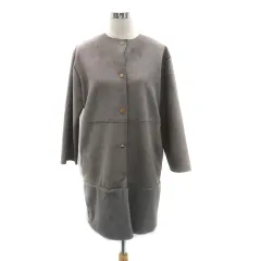 ザラ ZARA ノーカラーコート ロング丈 スエード調 フェイクファー M グレー /HO4