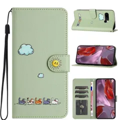 ★CASAFUNY Google Pixel 9a ケース 手帳型 人気 ピクセル9a ケース 手帳型 本革 PUレザー カバー pixel9a ケース お洒落 携帯カバー googleピクセル9a ケース 可愛い猫柄 携帯ケース　ライトグリーン