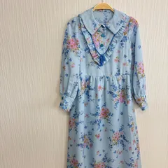 レトロ　水色 フリル襟 ヴィンテージ　花柄ロングワンピース　S相当