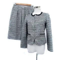 デッサン Dessin セットアップ 上下 ノーカラージャケット ミドル丈 フレアスカート ミモレ丈 2 M オフホワイト 黒 ブラック /HO1