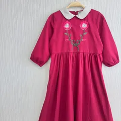 花刺繍 丸襟ロングワンピース レトロ　ピンク色　XS相当　小柄な女性　キッズサイズ