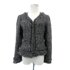 エムプルミエ M-Premier ノーカラージャケット ミドル丈 ツイード 38 M 黒 ブラック オフホワイト /HO3