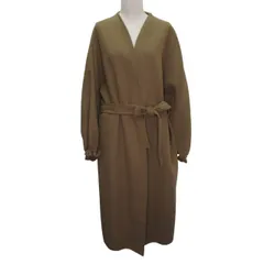 ザラ ZARA 長袖 ノーカラーロングコート 袖ギャザー ウール混 Mサイズ ブラウン SS2601077 0128