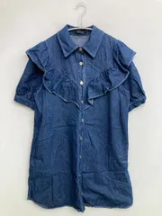 One Way ワンウェイ シャツ/ブラウス F ブルー デニム コットン 無地 フリル 半袖 ミドル丈 レギュラーカラー