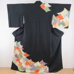 訪問着 袷 黒色ｘ多色 波模様 金コマ 刺繍入り 紋無し 広衿 正絹 仕立て上がり着物 身丈160cm