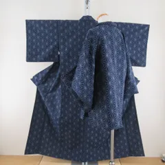 ウール着物 アンサンブル 着物と羽織2点セット 単衣 紺色ｘ青色ｘ灰色ｘ赤色 麻の葉模様 広衿 カジュアルきもの 身丈153cm