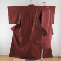 ウール着物 アンサンブル 着物と羽織2点セット 袷 黒色ｘ赤オレンジ色 幾何学模様 広衿 カジュアルきもの 普段着物 仕立て上がり 身丈160cm