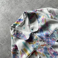 昭和レトロ オフホワイト水彩花柄×パステルチェック 丸襟ブラウス長袖フリーサイズ