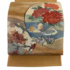 袋帯 秀品 関西仕立て 鴛鴦 草花 山吹色 お太鼓柄 正絹 【中古】