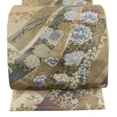 【美品】 袋帯 秀品 短冊 草花 金糸 唐織 ベージュ 六通 正絹 【中古】