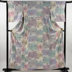 【美品】 小紋 身丈159cm 裄丈65cm M 袷 花唐草 鳥 金彩 ぼかし 薄緑 正絹 優品 【中古】