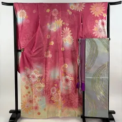 【美品】 振袖 身丈165.5cm 裄丈65.5cm M 袷 袋帯フルセット やまと 花 梅 ラインストーン 箔 ピンク 正絹 秀品 【中古】