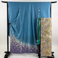 振袖 身丈161cm 裄丈66cm M 袷 袋帯フルセット 鈴乃屋 桜 桜の花びら 銀通し 金彩 水色 正絹 秀品 【中古】