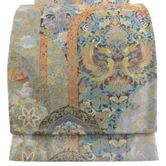 【美品】 袋帯 秀品 向かい鳥 華文 箔 金銀糸 灰紫 六通 正絹 【中古】