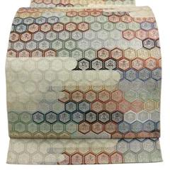 袋帯 秀品 亀甲 文字 金糸 ベージュ 六通 正絹 【中古】