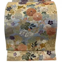 【美品】 袋帯 秀品 吹寄せ花の丸 金銀糸 唐織 青灰色 六通 正絹 【中古】