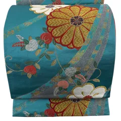 袋帯 秀品 菊 熨斗 刺繍 金糸 青緑 六通 正絹 【中古】