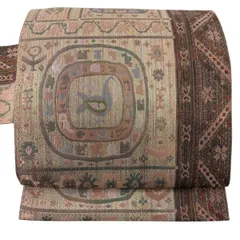 【美品】 名古屋帯 秀品 八寸名古屋帯 幾何学模様 鳥 ピンクベージュ 正絹 【中古】