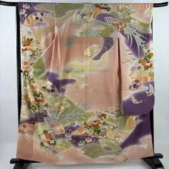 振袖 身丈161.5cm 裄丈66cm M 袷 千總 落款 菊 扇 金糸 金彩 ピンクベージュ 正絹 逸品 【中古】のサムネイル