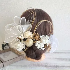 髪飾り＊成人式 卒業式 結婚式 ウェディング 振袖 袴 和装 前撮り~ボリュームリボン ダリア アップヘア シニヨン~オフホワイト 白 20本