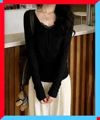 新品 フロントレース リボントップス レディース 着やせ カットソー 黒 細身 Tシャツ 着回し 大人 ガーリー 韓国風 【送料無料】