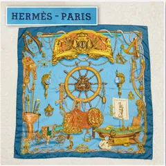 HERMES エルメス　カレ90 MUSEE ミュゼ　大判スカーフ　シルク100%  フランス製　ブルー系×ゴールド他　タグあり　レディース　ラグジュアリー　高級　ハイブランド