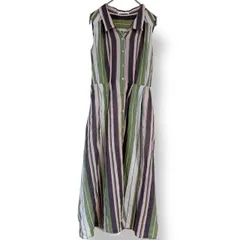 レディアゼル　REDYAZEL　シャツワンピース　ノースリーブワンピース　ストライプ柄　マルチストライプ　ミモレ丈ワンピース　ロングワンピース　前開きワンピース　ボタンデザイン　ウエスト切替　フレアシルエット　コットン100%　裏地ポリエステル　Mサイズ