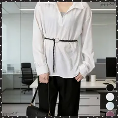 レイヤード風シャツブラウスベルト付き春服 オーバーサイズ 切り替えシャツブラウス レディース Vネックトップス 体型カバー無地トップス 襟付きゆったりブラウス春秋 薄手ブラウス通勤 きれいめ 春コーデ 着やせブラウス長袖 送料無料