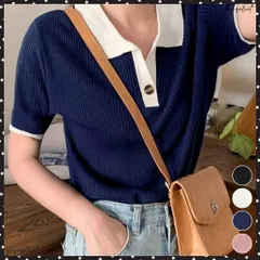 ポロニットトップス半袖ポロシャツVネック レディース 配色カットソー 通勤通学ニットソー カジュアルきれいめ プルオーバー細見えサマーニット 着やせ襟付きニット夏 薄手ニットTシャツ 韓国風ニット着回し お洒落 大人可愛い 送料無料