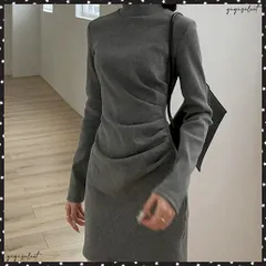 ミニ丈ギャザーワンピースハイネック韓国風 微起毛ワンピース秋冬 きれいめワンピースレディース 暖かいワンピースあったか 細見えワンピースおしゃれ タックワンピース シンプルワンピース OLスタイル通勤服 大人ワンピース長袖 送料無料