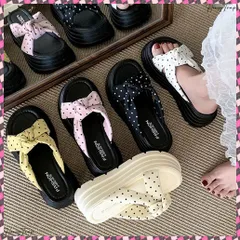 送料無料 ドット柄リボン厚底サンダルレディース美脚 歩きやすい クロスリボンサンダル韓国風 リゾートサンダル おしゃれサマーサンダル 大人可愛いビーチサンダル 履きやすい オルチャン旅行くつ 疲れにくい靴楽ちん フラットサンダル夏