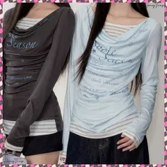 送料無料 ドレープネックトップスレイヤード風ロゴT レディースカウルネックロンT重ね着風 細身Tシャツ長袖 シアーロングtシャツ薄手プルオーバー韓国風レタリングT Y2K風 着やせロンt細見え 英字ロゴトップス夏 ストリートおしゃれ