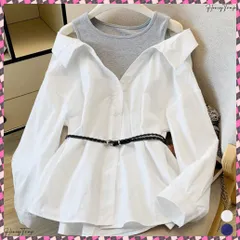 送料無料 オフショルダーシャツタンクトップ重ね着風 レディース ベルト付きパッチワークシャツレイヤード風 肩見せブラウス トレンドトップス 着やせ春夏服 プルオーバーシャツ 韓国風シャツ 長袖 ドッキングシャツ白 二枚重ねトップス春